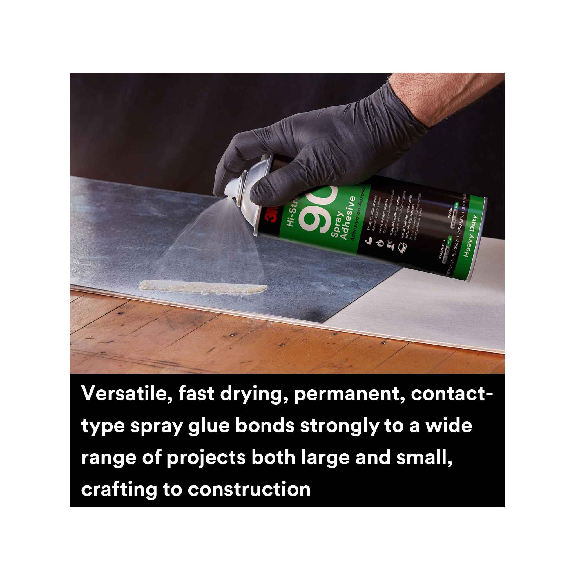 3M Hi-Strength 90 Spray Adhesive 500g can with a clear, transparent spray nozzle, ideal for bonding various materials.